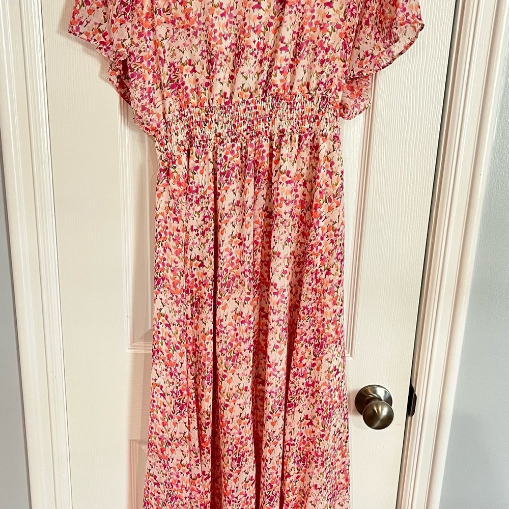 CeCe Women's Ditsy Floral Smocked-Waist Flutter-Sleeve Maxi Dress